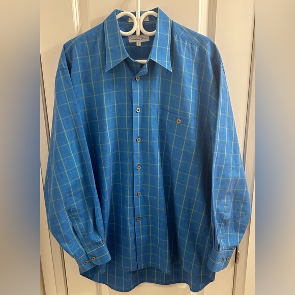 Christian Dior Men’s Blue & Yellow Plaid Button Up Dress Shirt - Size L/17 - Picture 1 of 7